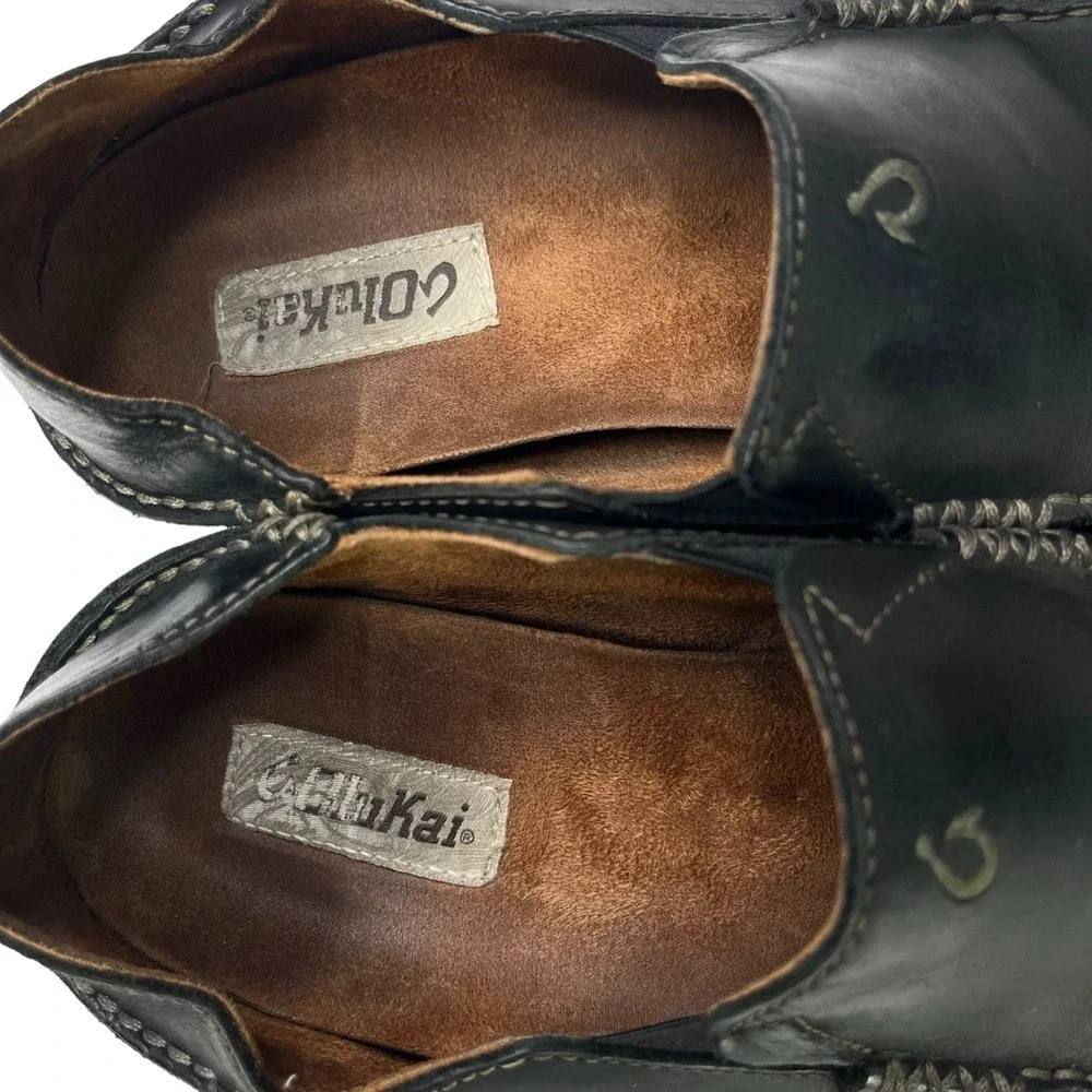 Olukai Maloa Loafers‎ Mens 9.5 Black Leather Back Drop Heels Shoes